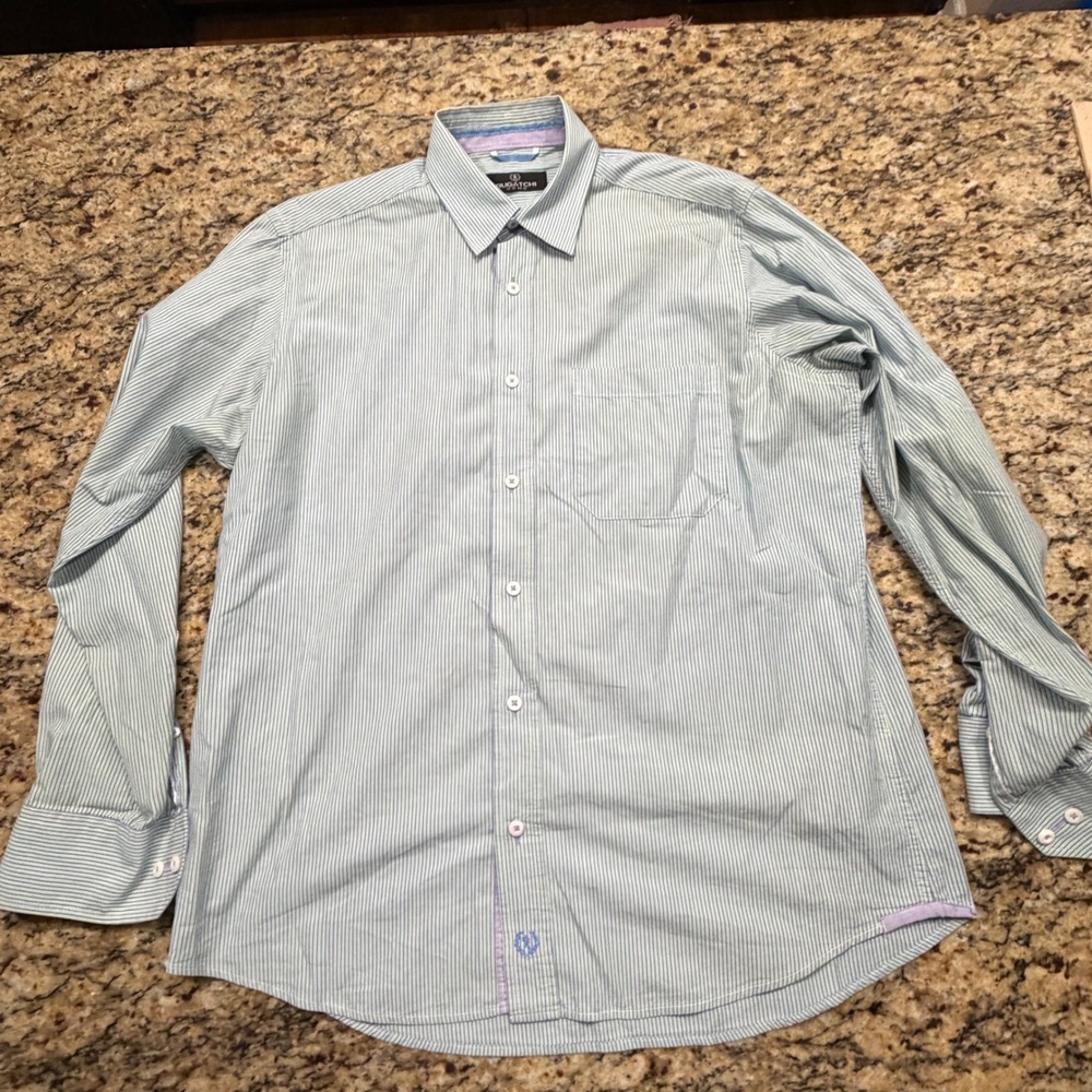 Bugatchi Uomo Mens Medium Button Down Shirt Blue Green Striped Long Sleeve